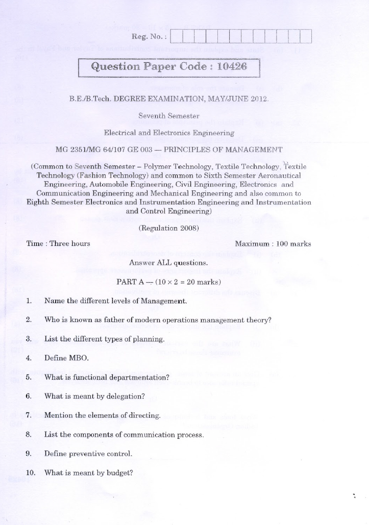 2012 Paper of Anna University 06th Semester MG2351 Principles of Management - University Question Papers