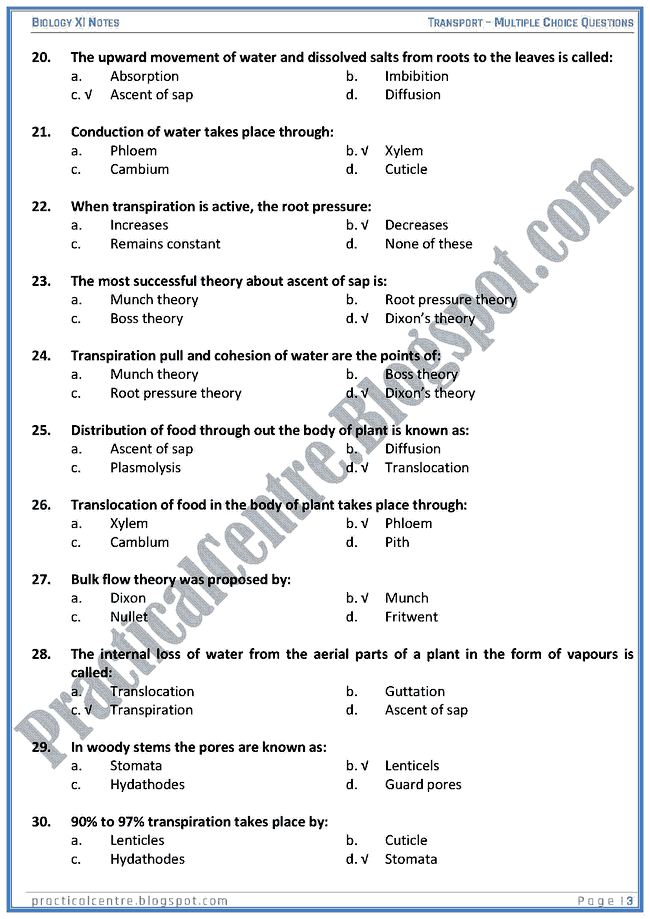 transportation-mcqs-biology-xi