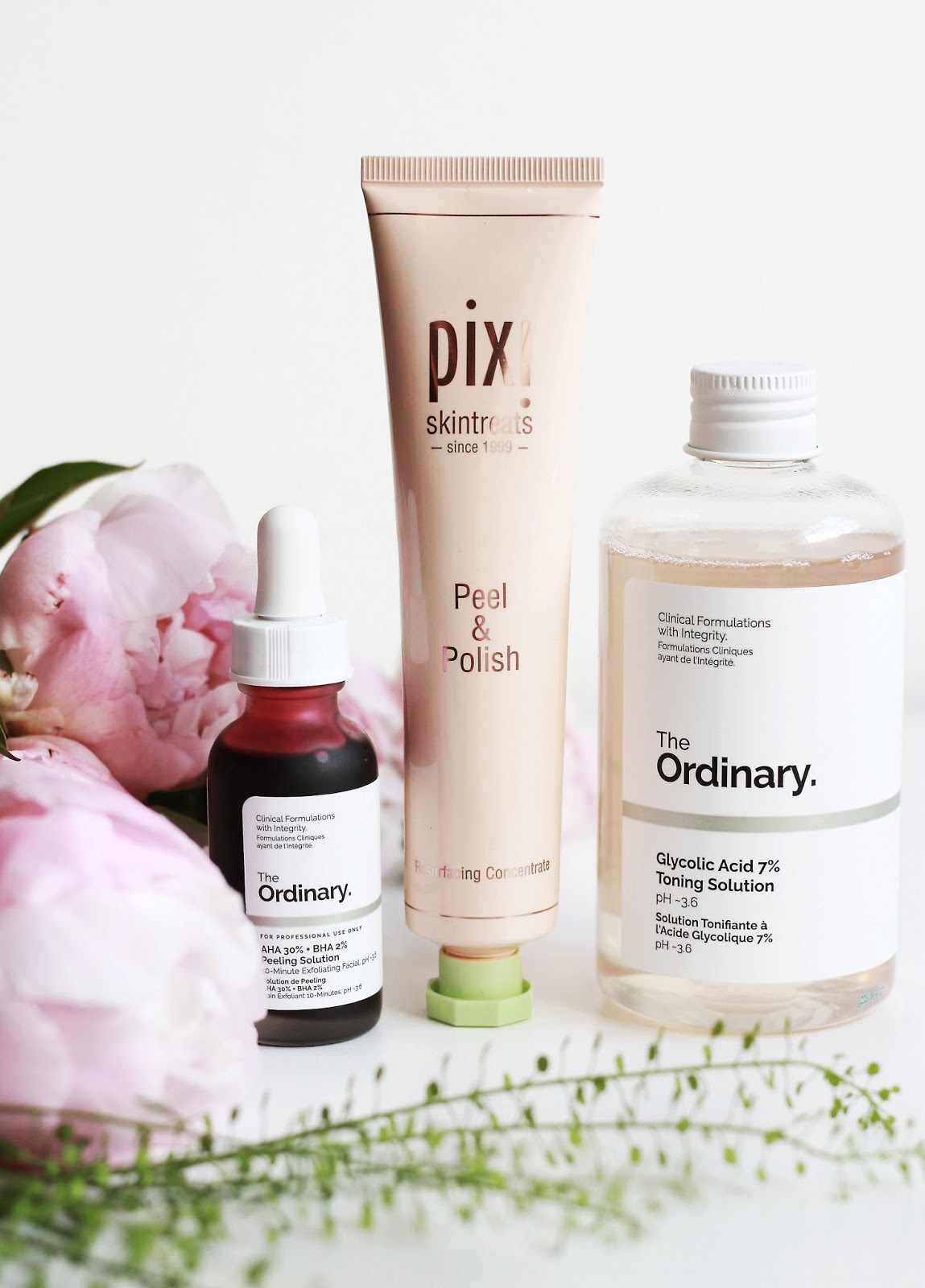 Pixi Peel and Polish, The Ordinary Skincare, Glycolic Acid, Face scrub 