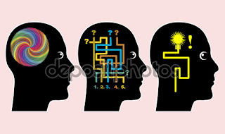 Imagen de cabeza con icones de reflexión, pensamiento e idea