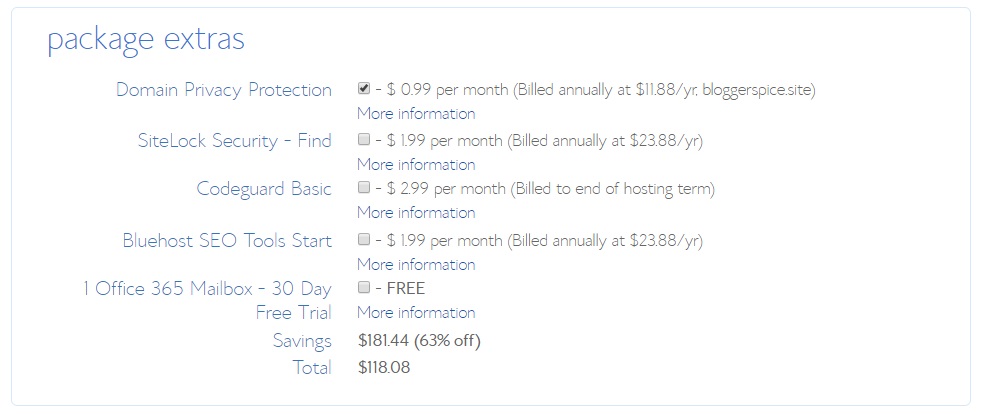 Confirm Package Extras in bluehost