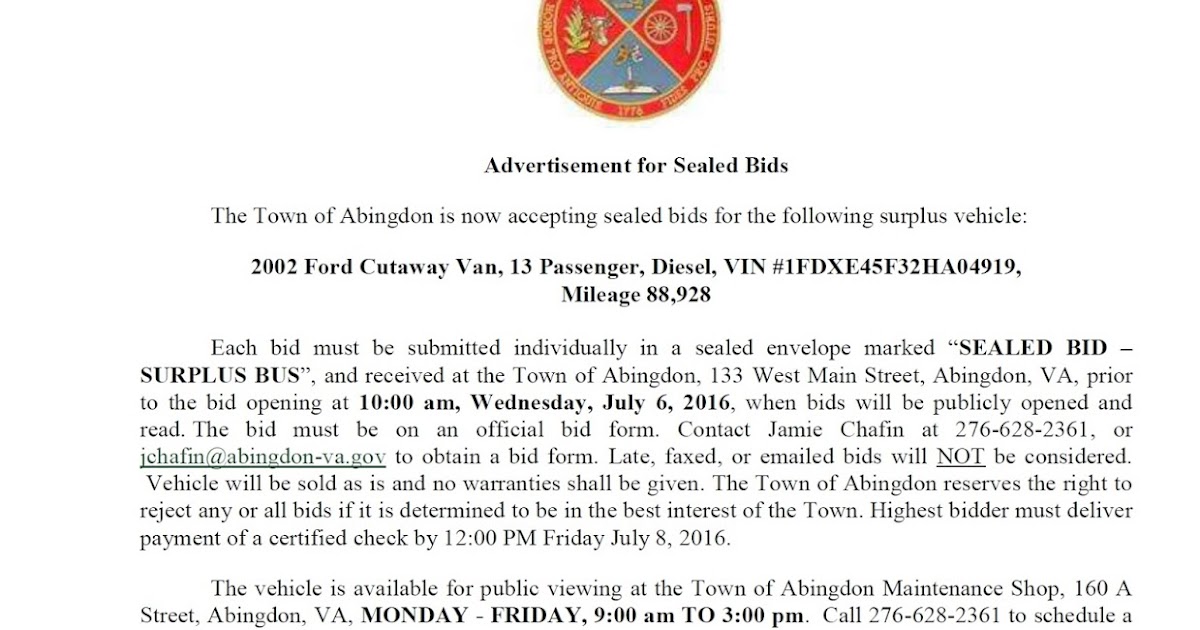 Town of Abingdon, Virginia Advertisement for Sealed Bids