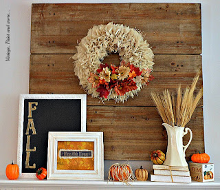 Vintage, Paint and more... Fall mantel done with diy burlpa wreath, chalkboard sign, scrapbook sign and vintage pitcher