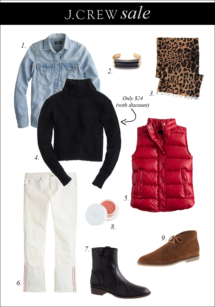 j crew, after christmas sale, red puffer vest, chunky sweaer, leopard scarf, ankle booties, white denim