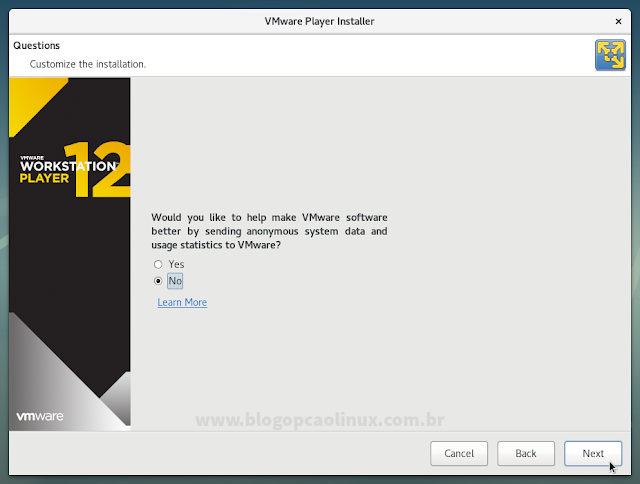 Você deseja que o VMware Workstation Player envie informações anônimas sobre o seu sistema e as estatísticas de uso do programa à VMware?