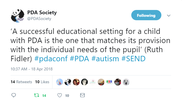Tweet from PDA Society feed; succesful educational placement is one that matches provision to individual needs