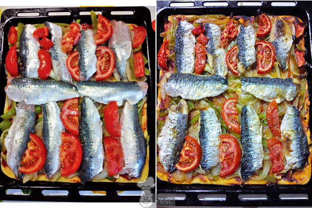 coca de sardinas con tomate y verduras