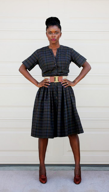 vintage plaid dress worn with thrifted belt and shoes