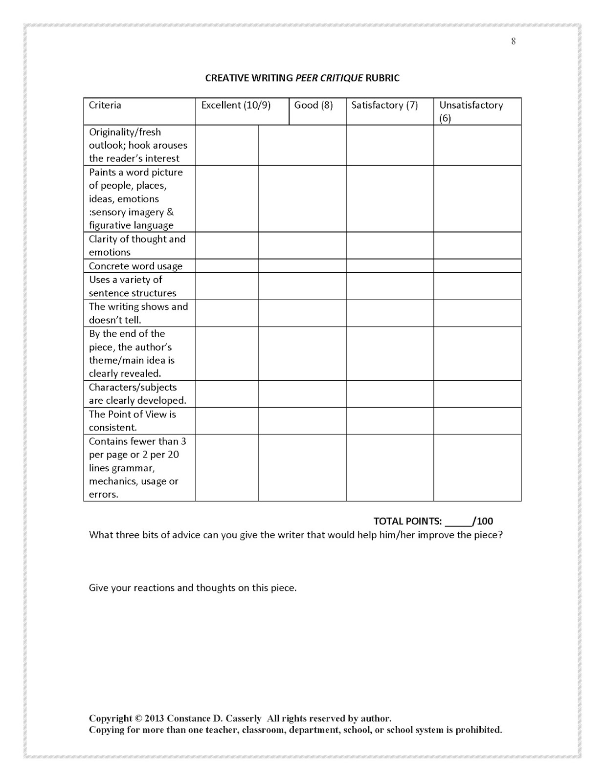 Rubric for essay write up