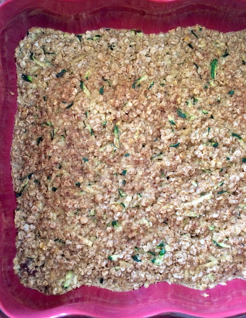 Baking dish of baked zucchini oatmeal.