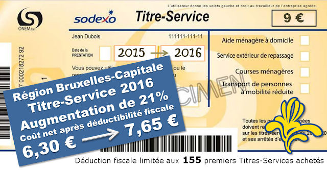 TITRE-SERVICE 2016 - Région Bruxelles-Capitale - Augmentation de 21% sur le coût net du Titre-Service après déductibilité fiscale  - Bruxelles-Bruxellons