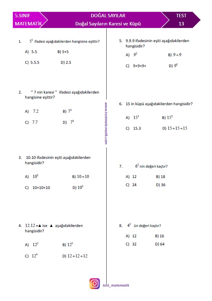 5 sinif dogal sayilarin karesi ve kupu test test matematik