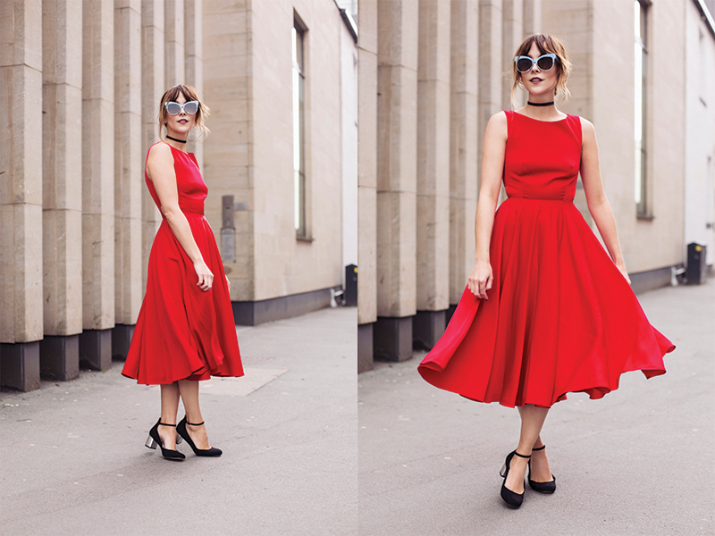 Full length wedding guest styling with Selfridges Ted Baker red midi dress and Carvella black heels