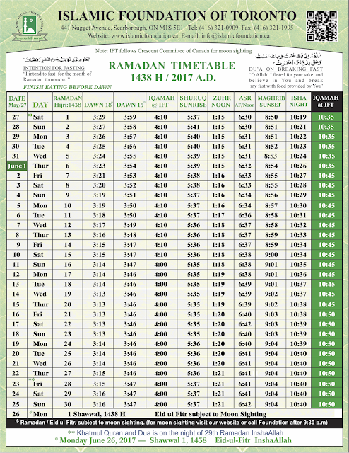  Ramadan Timetable Calendar 2017 / Ramadan 1438 Toronto Greater Toronto Area), Ontario, Canada