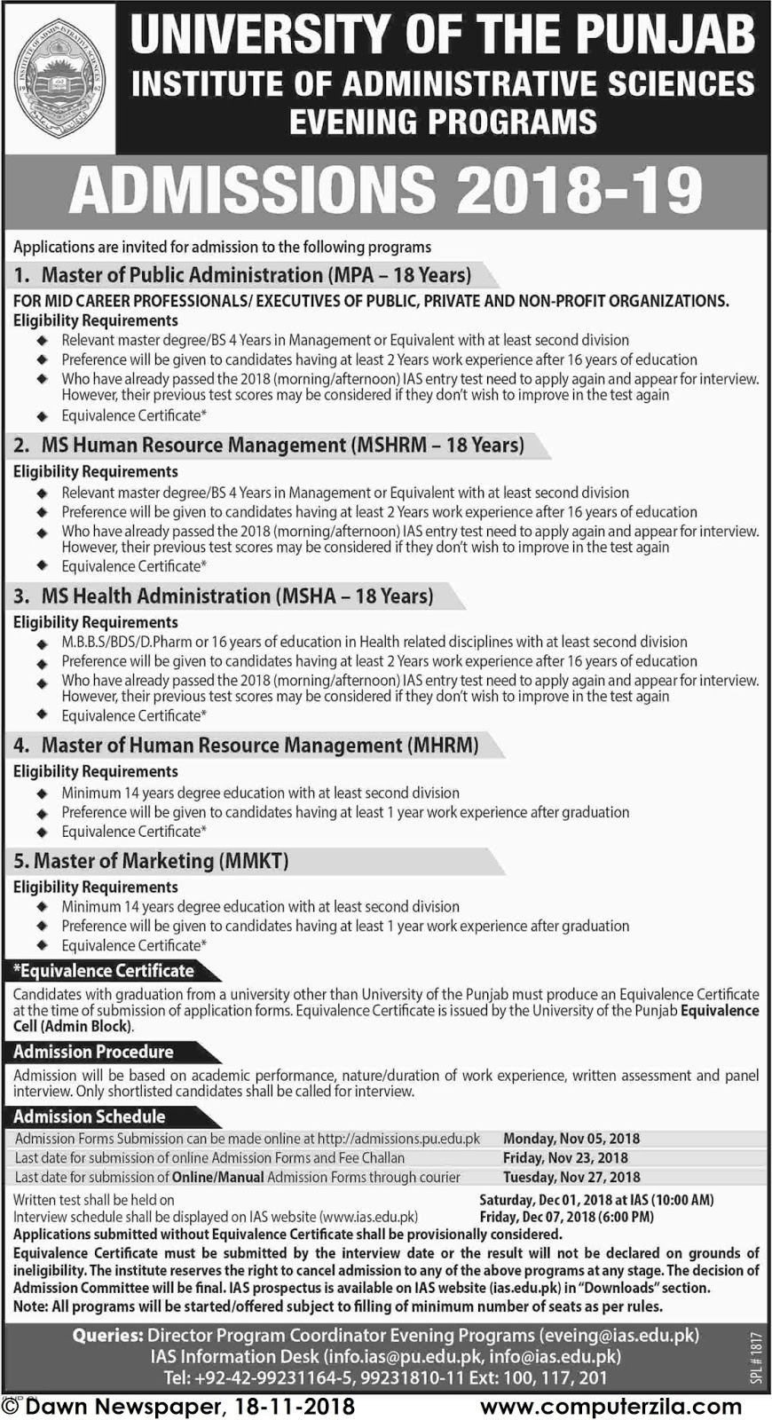 Admissions Open For Fall 2019 At PU Lahore Campus