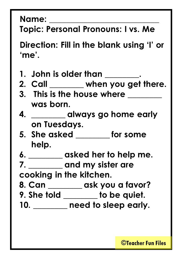 Personal Pronoun Worksheets