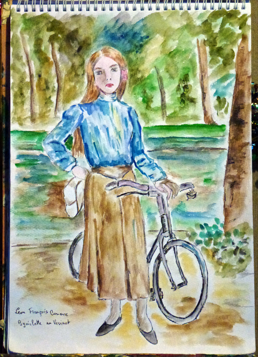 peinture jeune fille à côté d'une bicyclette