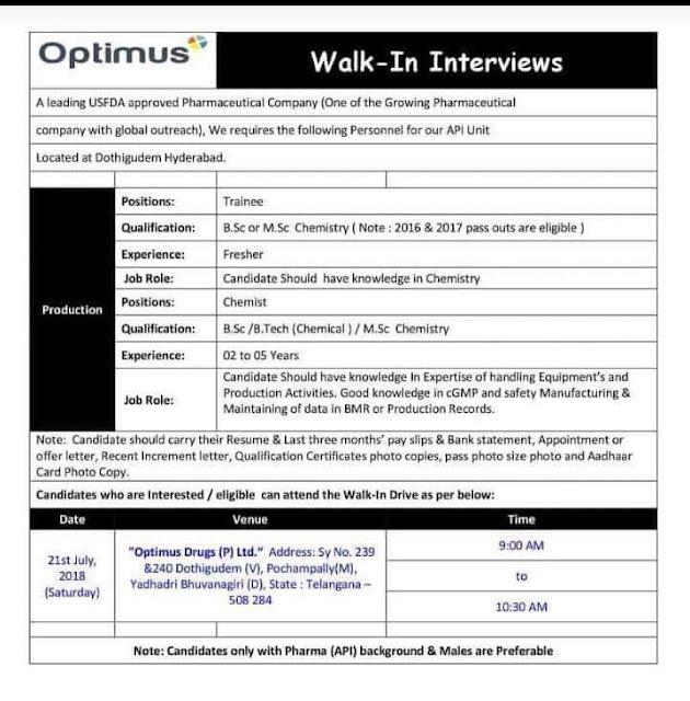 Walk-in drive Trainee Chemist at Optimus drugs Private Limited