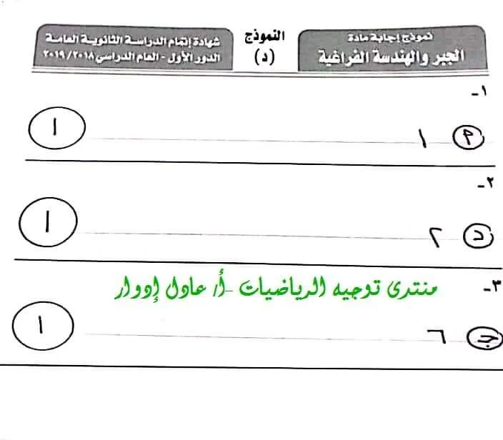 نموذج الاجابة الرسمى لامتحان الجبر والهندسة الفراغية للثانوية العامة دور أول 2019 - موقع مدرستى