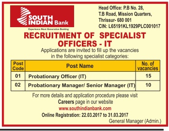 Naukri vacancy recruitment in South Indian Bank SIB