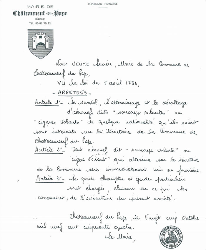 Extraño Caso: Pueblo francés que prohíbe el vuelo de ovnis sobre su territorio desde 1954 860 arrete anti ovni chateauneuf du pape francebleu 860 arrete anti ovni chateauneuf du pape francebleu Extraño Caso: Pueblo francés que prohíbe el vuelo de ovnis sobre su territorio desde 1954