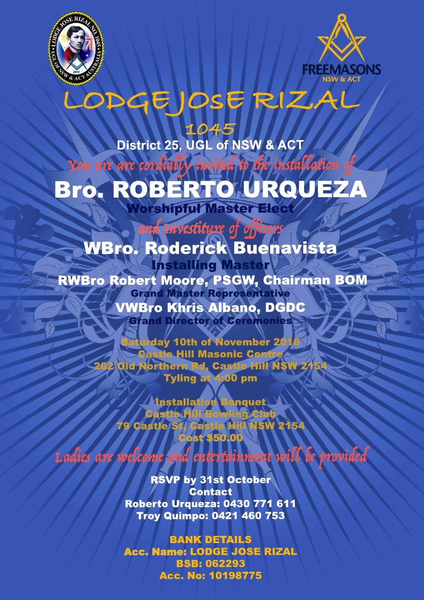 Lodge Jose Rizal No 1045 Lodge Jose Rizal Installation 10 Nov, 4 PM Castle Hill Masonic Centre