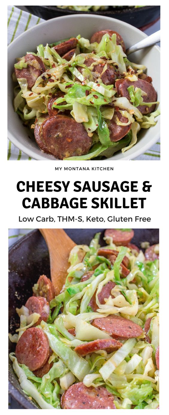 Keto,Cheesy Sausage and Cabbage Skillet
