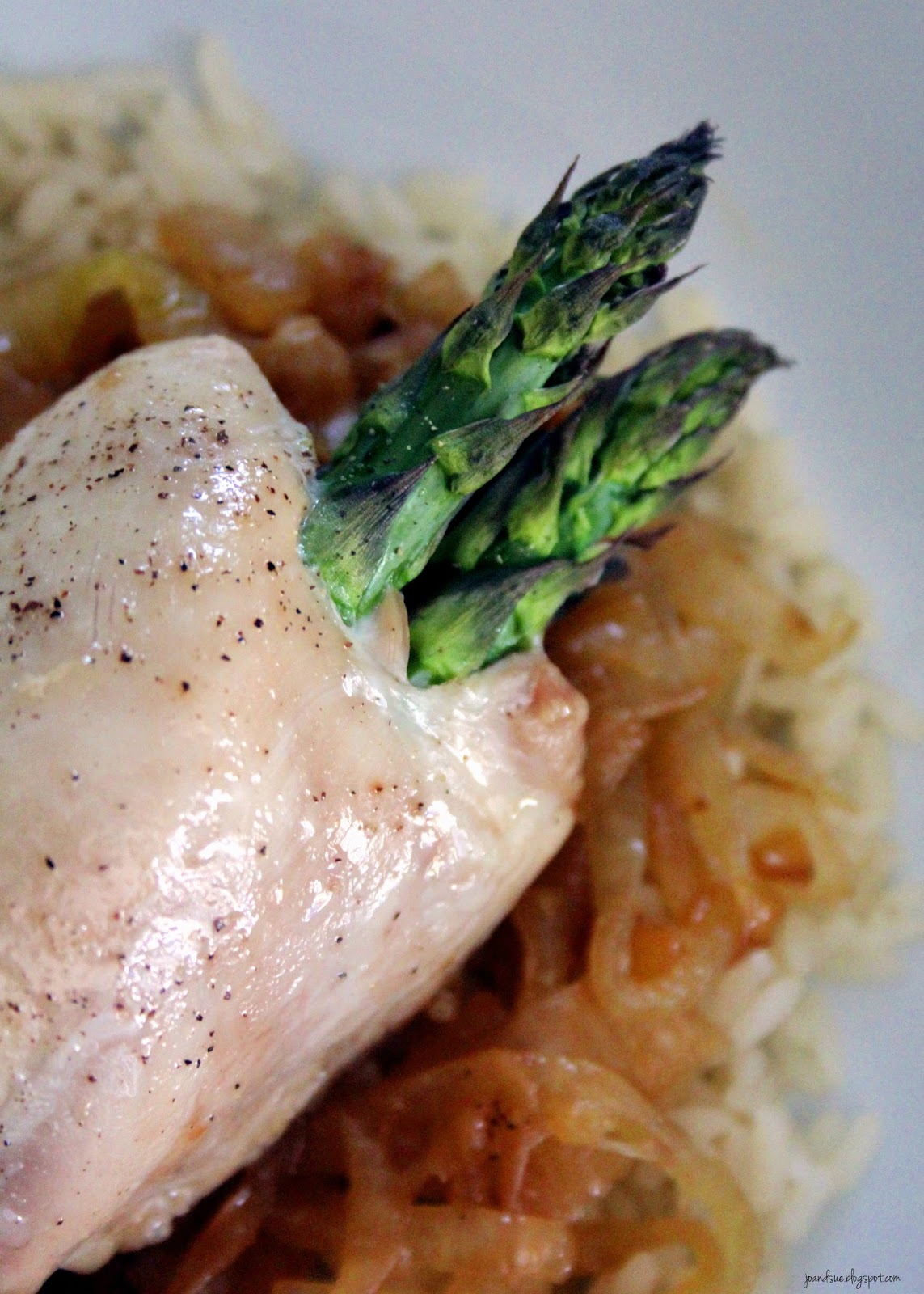 Jo and Sue Asparagus Stuffed Chicken Thighs with Caramelized Onions