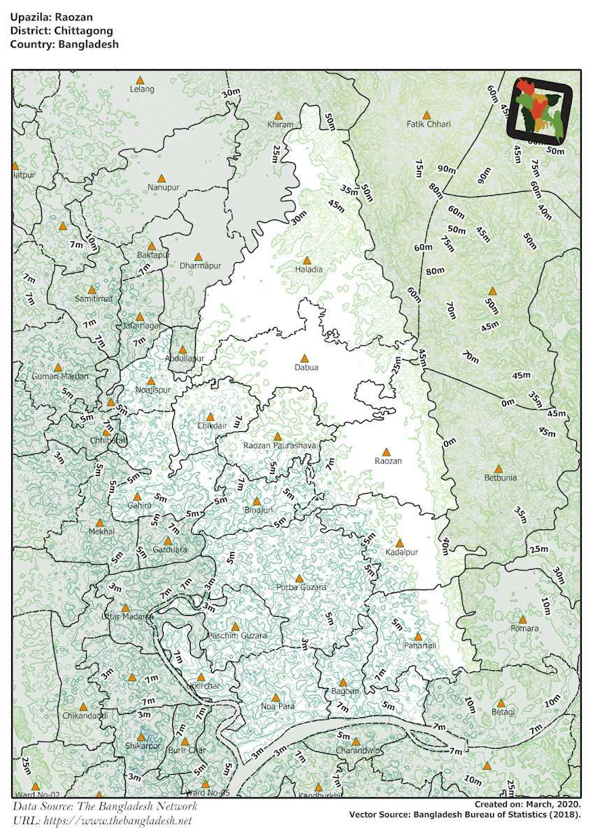 Raozan Upazila Elevation Map Chittagong District Bangladesh