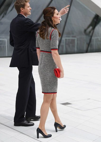 Kate Middleton wore GUCCI tweed dress, L.K. Bennett Art shoes, Annoushka pearls with Kiki McDonough hoops and carried a new red suede clutch.