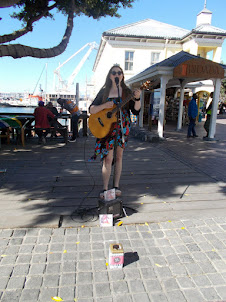 A lady musician singing for  a income on "V & A Waterfront".