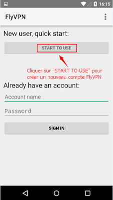 FlyVPN Android App créer compte automatiquement