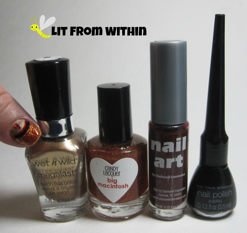 Bottle shot:  Wet 'n Wild Pot of Gold, Candy Lacquer Big Macintosh, and nail art stripers in red and black. 