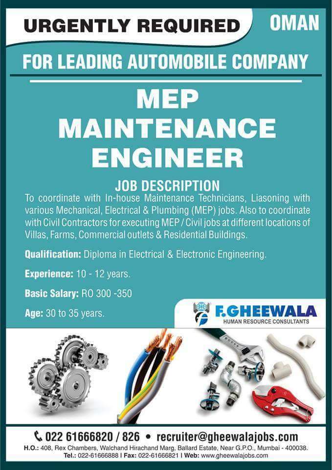 Urgently Required For Leading Company : MEP MAINTENANCE ENGINEER
