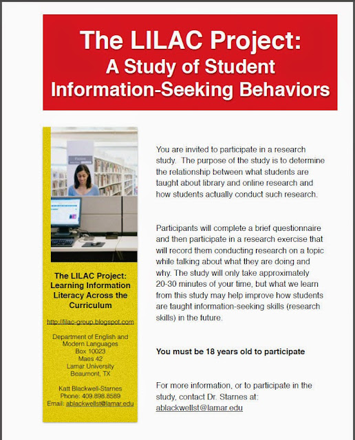 You are invited to participate in a research study. The purpose of the study is to determine the relationship between what students are taught about library and online research and how students actually conduct such research.  Participants will complete a brief questionnaire and then participate in a research exercise that will record them conducting research on a topic while talking about what they are doing and why. The study will only take approximately 20-30 minutes of your time, but what we learn from this study may help improve how students are taught information-seeking skills (research skills) in the future. For more information, or to participate in the study, contact Dr. Starnes at: ablackwellst@lamar.edu