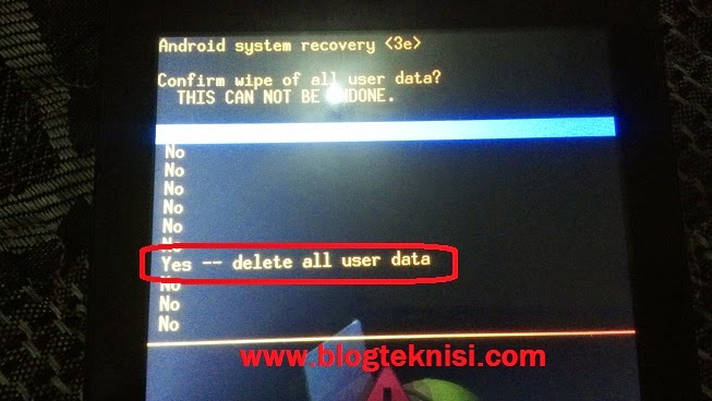 Confirm wipe of all data. Delete all user data. Yes -- delete all user data.