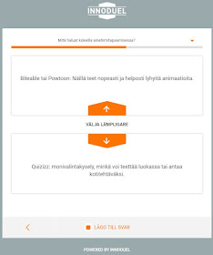Ruudunkaappauskuvassa näkyy Innoduelin valikko, mistä käyttäjä voi valita toisen kahdesta vaihtoehdosta tai lisätä oman ehdotuksen.