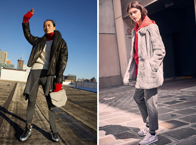 Девушки в серой куртке и пальто с красной водолазкой