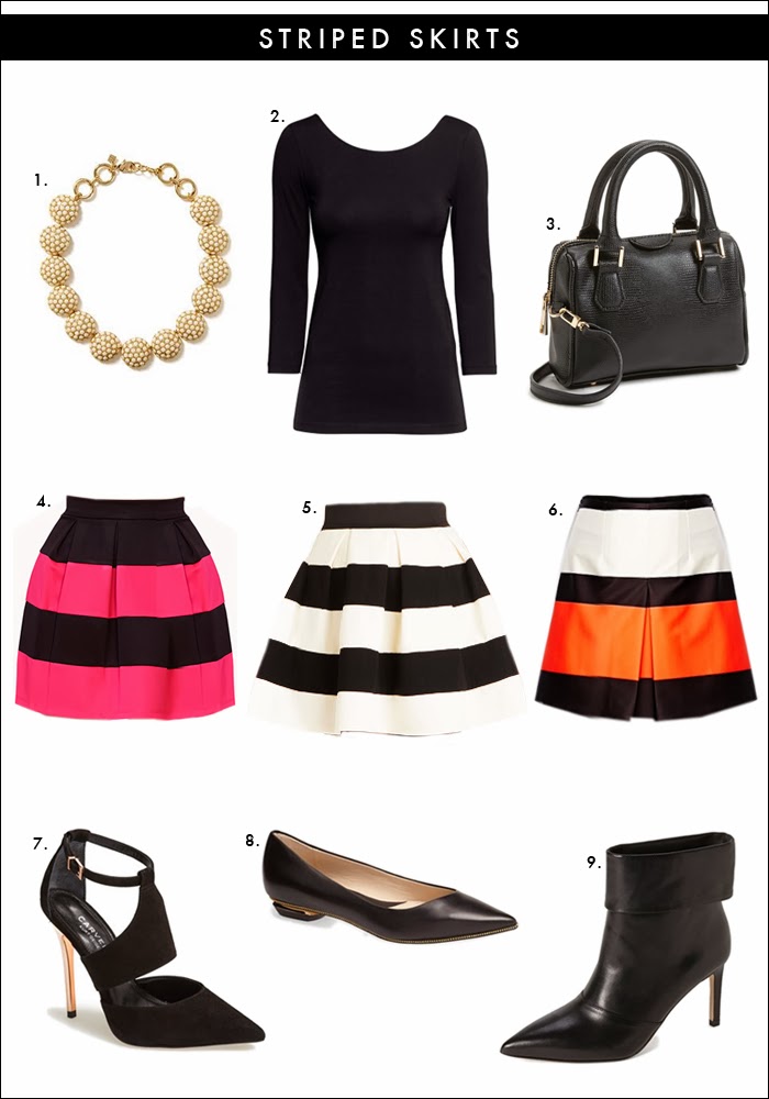 striped skirts, forever 21, asos, nordstrom, statement necklace, flats, bootie, cut out pumps, what to wear bridal shower, what to wear valentines day