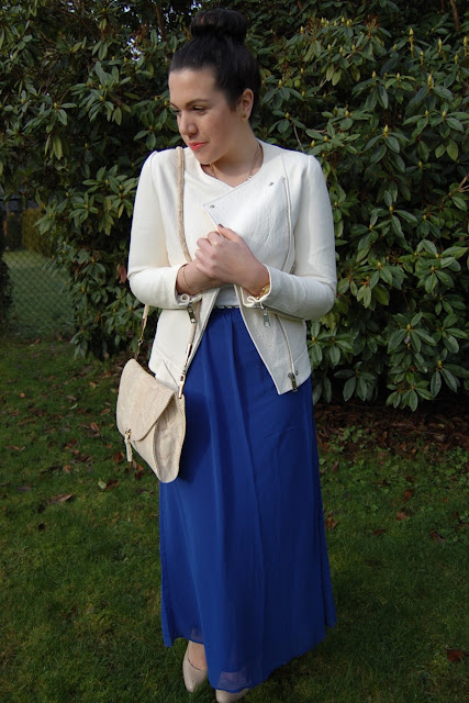 Zara white leather jacket, bright blue Forever 21 maxi skirt and a snakeskin Ferragamo bag.