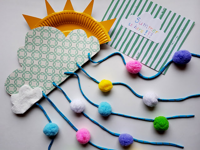 papierowa chmurka diy - słońce diy - pompony - deszcz diy - summer children crafts - prace plastyczne dla dzieci - wakacje z dzieckiem - kreatywnie z dzieckiem
