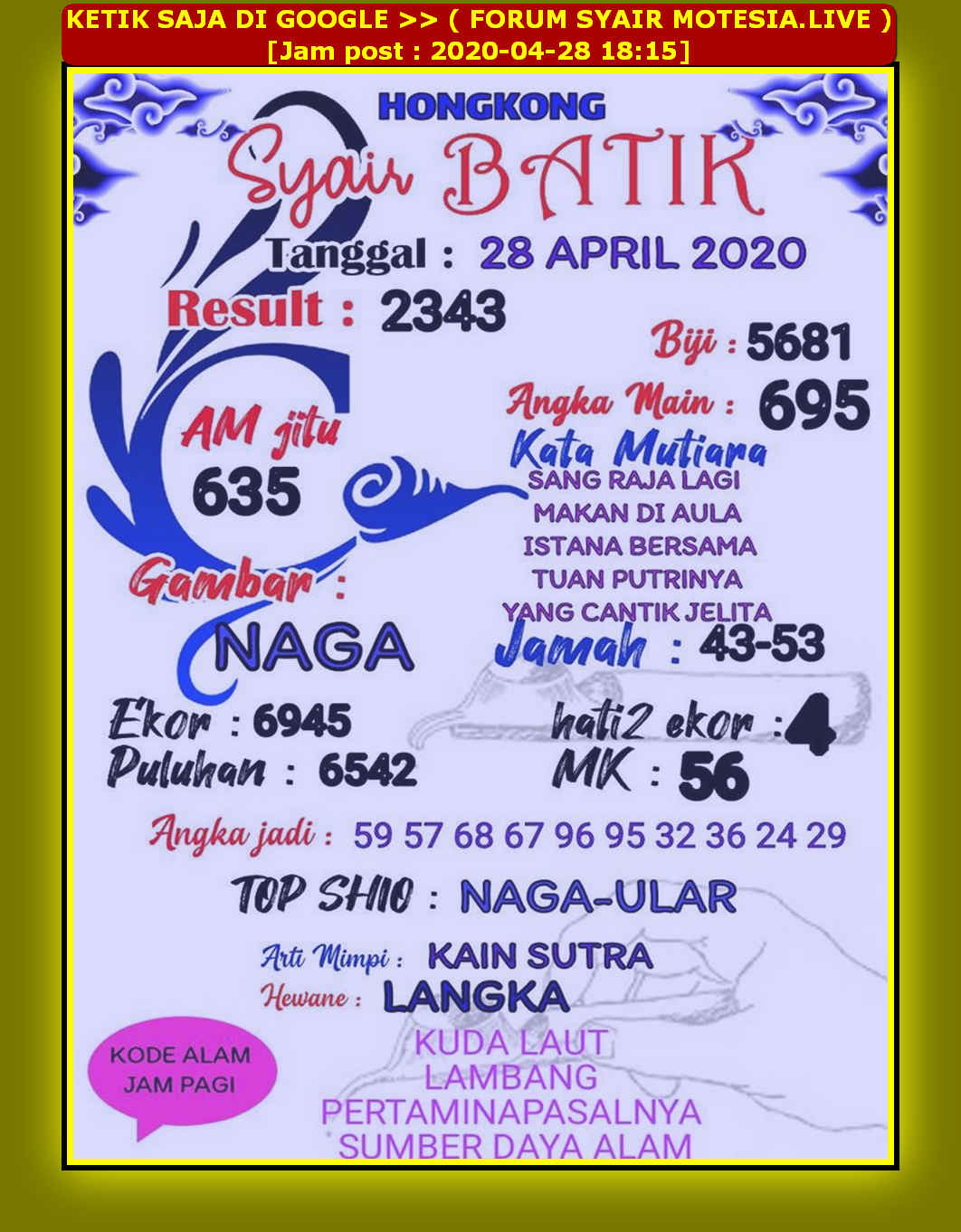 1 New Message Kode Syair Hongkong 28 April 2020 Forum Syair Togel Hongkong Singapura Sydney