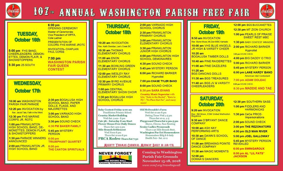Mt. Hermon Web TV Washington Parish Free Fair Main Stage Schedule