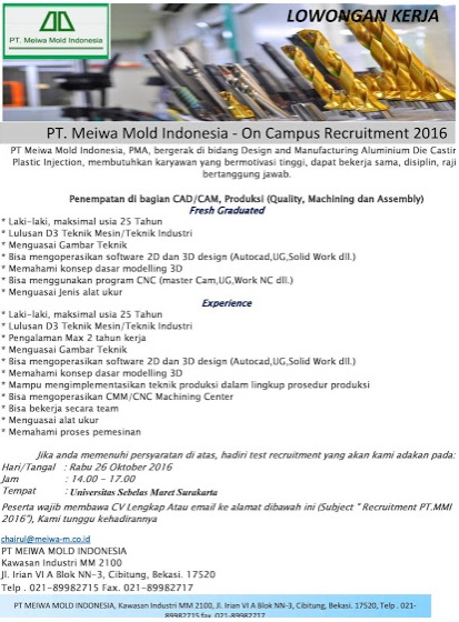 Lowongan Kerja PT. Meiwa Mold Indonesia (Ditutup 26 Oktober 2016