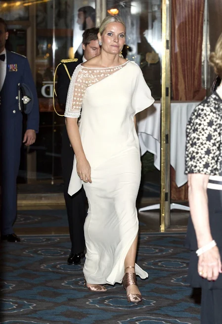 Crown Prince Haakon and Crown Princess Mette-Marit of Norway attended the banquet in honour of the 2015 Nobel Peace Prize Laureates at the Grand Hotel