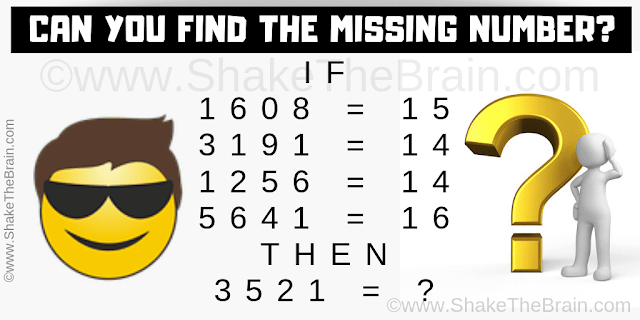 IF  1608 = 15  3191 = 14  1256 = 14  5641 = 16  THEN  3521 = ? Can you solve this Mathematical Logical Brain Teaser?