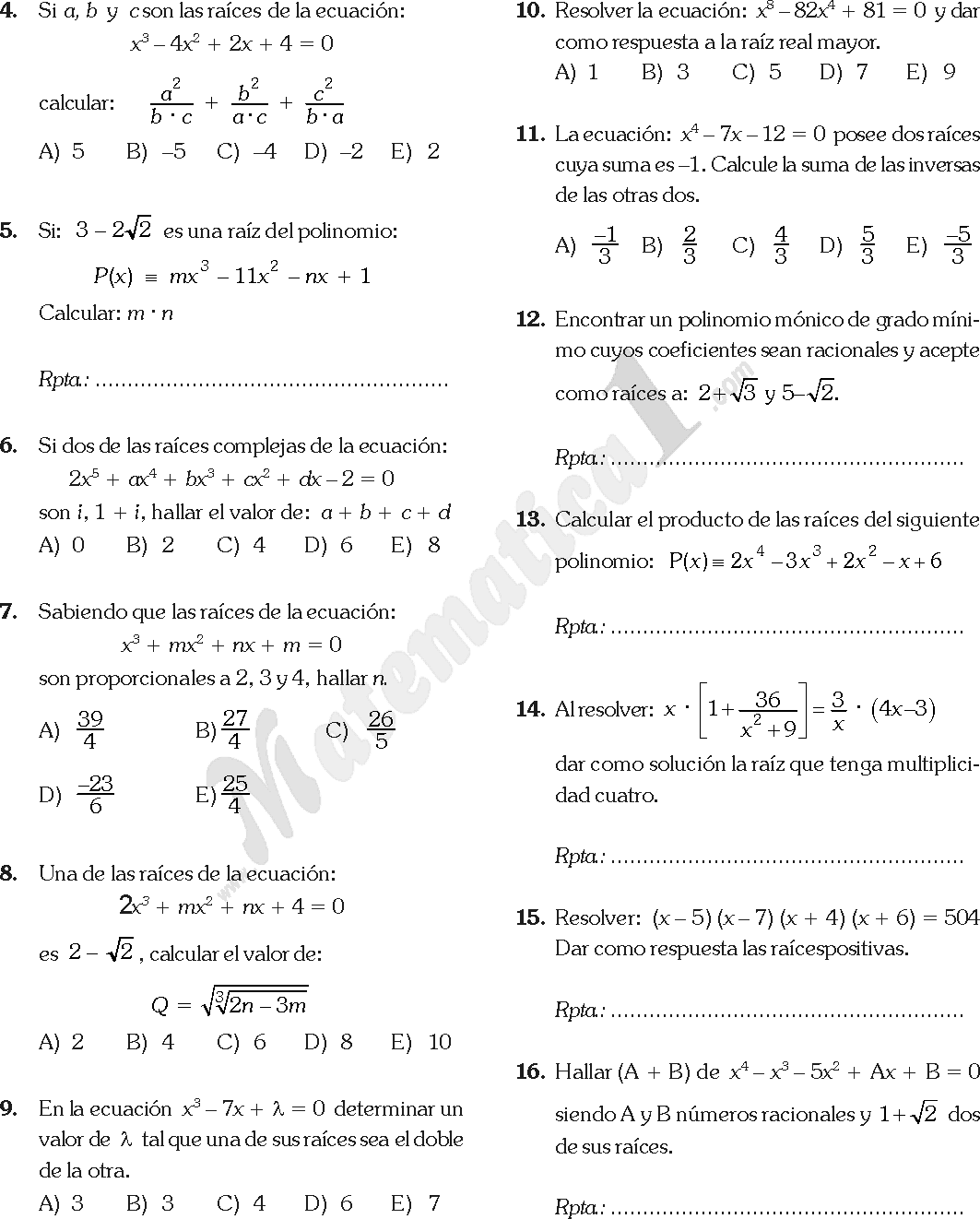 ECUACIONES POLINOMIALES EJERCICIOS RESUELTOS PDF