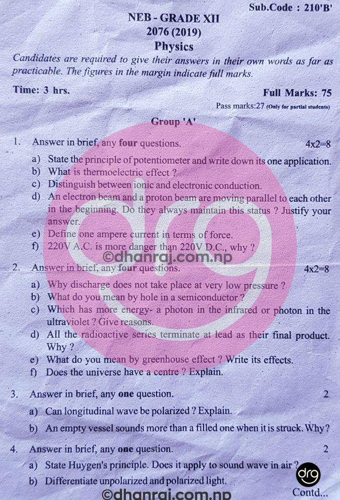 Physics Grade 12XII Question Paper 2076 [2019] Sub Code 210B