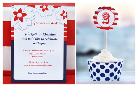 red white blue party invitation and cupcake topper