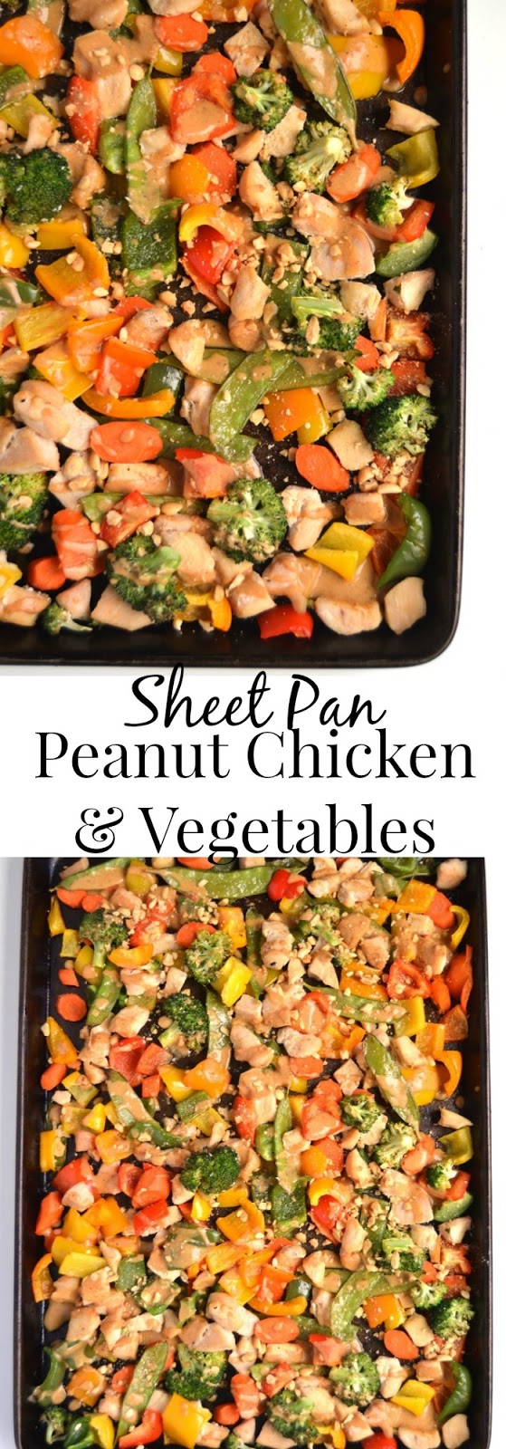 Sheet Pan Peanut Chicken and Vegetables is a simple dinner cooked all on one pan for less dishes and work! Ready in 30 minutes including broccoli, bell peppers, carrots and pea pods all covered in a flavorful peanut dressing! www.nutritionistreviews.com